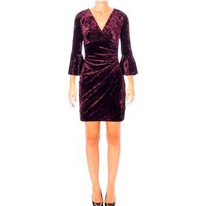 Lauren Ralph Lauren Women Velvet Bell Sleeve Cocktail Dress 14P Purple Faux Wrap